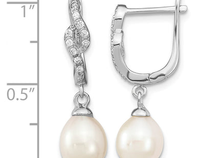 Sterling Silver Rhodium-plated 7- White Teardrop Freshwater Cultured Pearl and CZ Dangle Leverback Earrings, 25.5 x 7 to