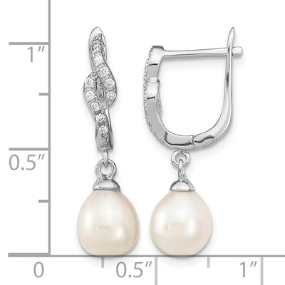 Sterling Silver Rhodium-plated White Teardrop Freshwater Cultured Pearl and CZ Dangle Leverback Earrings, 25.5 x 7 to 8mm