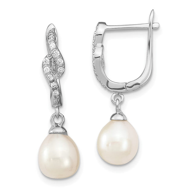 Sterling Silver Rhodium-plated 7- White Teardrop Freshwater Cultured Pearl and CZ Dangle Leverback Earrings, 25.5 x 7 to 8mm