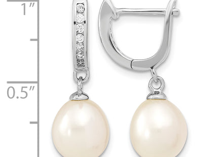 Sterling Silver Rhodium-plated 8- White Rice Freshwater Cultured Pearl and CZ Dangle Hoop Earrings