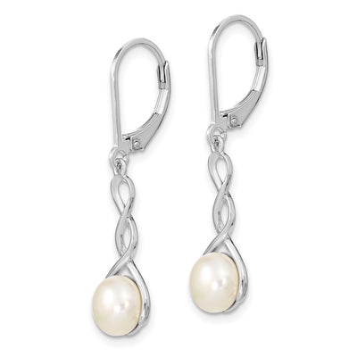 Sterling Silver Rhodium-plated Twisted White Button Freshwater Cultured Pearl Leverback Dangle Earrings