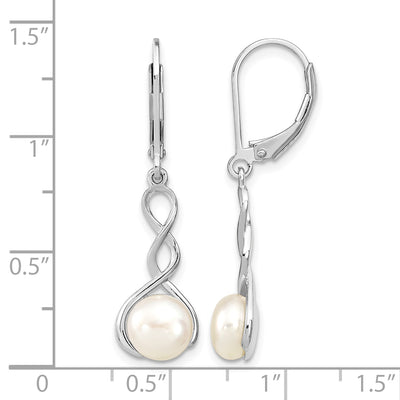 Sterling Silver Rhodium-plated Twisted White Button Freshwater Cultured Pearl Leverback Dangle Earrings