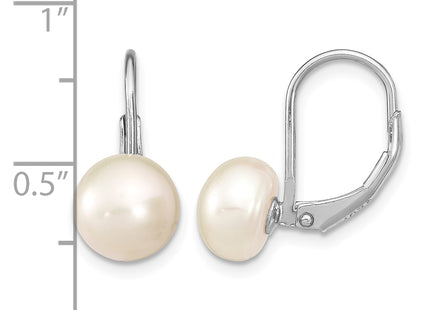 Sterling Silver Rhodium-plated 8- White Button Freshwater Cultured Pearl Leverback Earrings