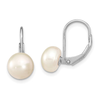 Sterling Silver Rhodium-plated White Button Freshwater Cultured Pearl Leverback Earrings