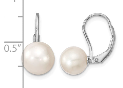 Sterling Silver Rhodium-plated 8- White Round Freshwater Cultured Pearl Leverback Earrings
