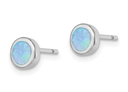 Sterling Silver RH-plated Polished Blue Created Opal Round Stud Earrings