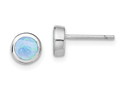 Sterling Silver RH-plated Polished Blue Created Opal Round Stud Earrings