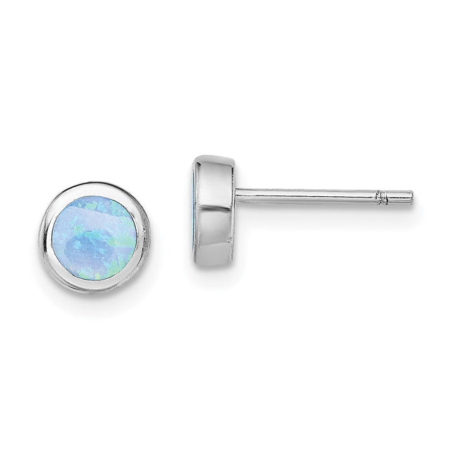 Sterling Silver RH-plated Polished Blue Created Opal Round Stud Earrings, 6.2 x 6.2mm