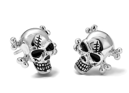 Sterling Silver Rhodium-plated Antiqued Enameled Skull Post Earrings