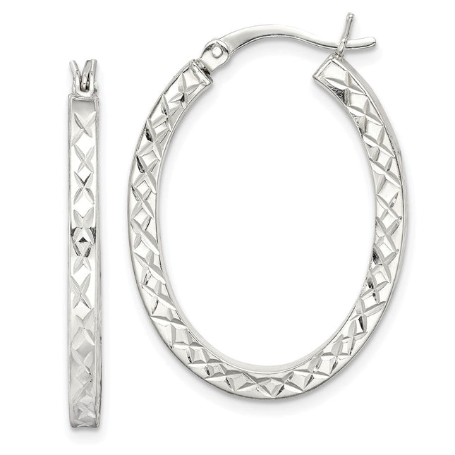Sterling Silver Diamond-cut Oval Hoop Earrings, 30.75 x 2.5mm