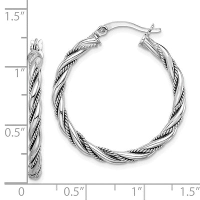 Sterling Silver Rhodium-plated Twisted Hoop Earrings, 30 x 2.5mm