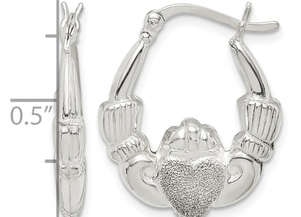 Sterling Silver Polished & Laser Cut Claddagh Hoop Earrings
