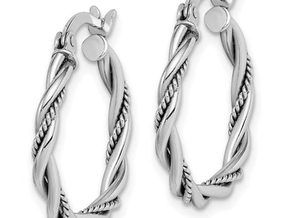 Sterling Silver Rhodium-plated Antiqued Twisted Hoop Earrings (Style QE14162)