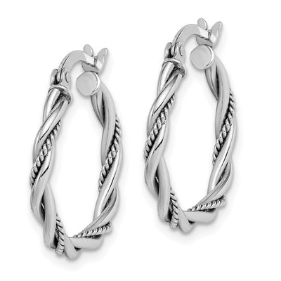 Sterling Silver Rhodium-plated Antiqued Twisted Hoop Earrings, 20 x 2mm