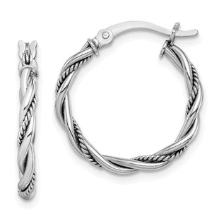 Sterling Silver Rhodium-plated Antiqued Twisted Hoop Earrings (Style QE14162)