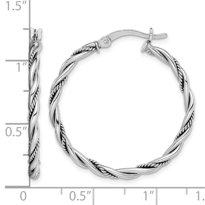 Sterling Silver Rhodium-plated Antiqued Twisted Hoop Earrings, 30 x 2mm