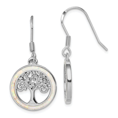 Sterling Silver Rhod-plated Creat Opal Circle w/ Tree Dangle Earrings