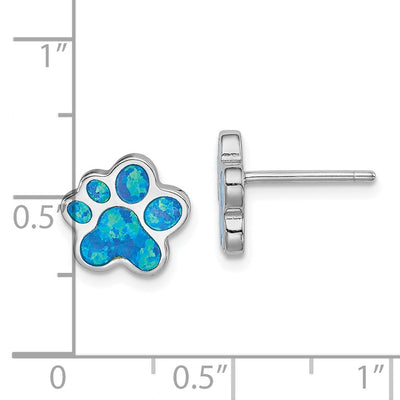 Sterling Silver Rhod-plated Creat Blue Opal Paw Print Post Earrings
