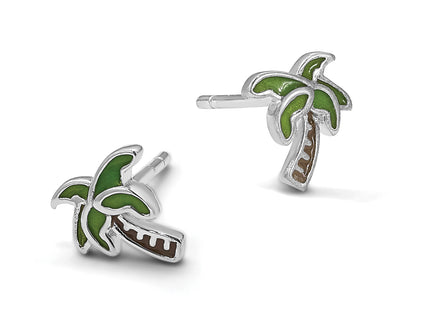 Sterling Silver Rhodium-plated Polished Enameled Palm Tree Post Earrings