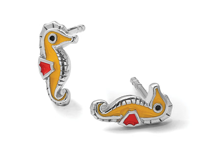 Sterling Silver Rhodium-plated Children's Polished and Multi-color Enameled Seahorse Post Earrings