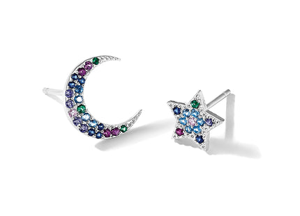 Prizma Sterling Silver Rhodium-plated Moon and Star Colorful CZ Post Earrings