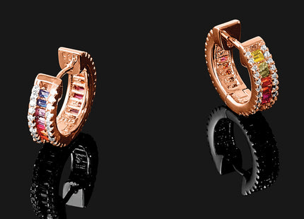 Prizma Sterling Silver Rose-tone 14K Flash Rose Gold-plated White and Colorful Baguette CZ Hinged Hoop Earrings