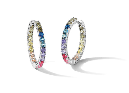 Prizma Sterling Silver Rhodium-plated In and Out Colorful CZ Hinged Hoop Earrings