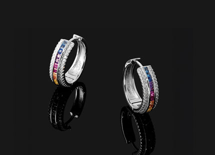 Prizma Sterling Silver Rhodium-plated Channel Set Colorful and White CZ Hinged Hoop Earrings