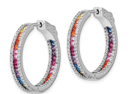 Prizma Sterling Silver Rhodium-plated White and Colorful CZ In and Out Hinged Hoop Earrings