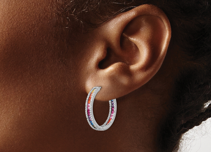 Prizma Sterling Silver Rhodium-plated White and Colorful CZ In and Out Hinged Hoop Earrings
