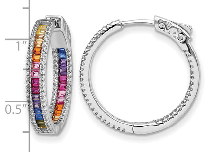 Prizma Sterling Silver Rhodium-plated White and Colorful CZ In and Out Hinged Hoop Earrings