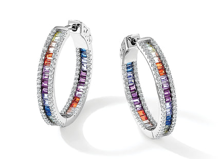 Prizma Sterling Silver Rhodium-plated White and Colorful CZ In and Out Hinged Hoop Earrings