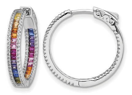 Prizma Sterling Silver Rhodium-plated White and Colorful CZ In and Out Hinged Hoop Earrings