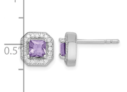 Sterling Silver Rhodium Plated Square Light Purple and Clear CZ Post Earrings