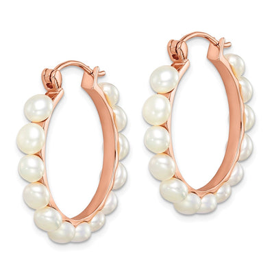 Sterling Silver Rose-tone 18K Flash Gold-plated White Button Freshwater Cultured Pearl Hoop Earrings