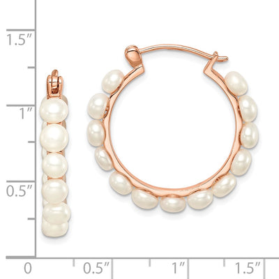 Sterling Silver Rose-tone 18K Flash Gold-plated White Button Freshwater Cultured Pearl Hoop Earrings