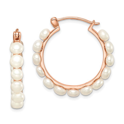Sterling Silver Rose-tone 18K Flash Gold-plated White Button Freshwater Cultured Pearl Hoop Earrings