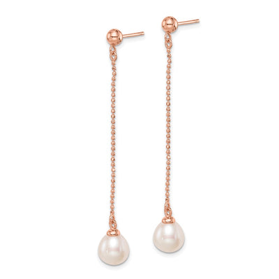 Sterling Silver Rose-tone 18K Flash Gold-plated White Rice Freshwater Cultured Pearl Post Dangle Earrings