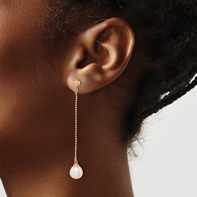 Sterling Silver Rose-tone 18K Flash Gold-plated White Rice Freshwater Cultured Pearl Post Dangle Earrings