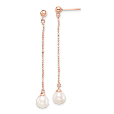 Sterling Silver Rose-tone 18K Flash Gold-plated White Rice Freshwater Cultured Pearl Post Dangle Earrings