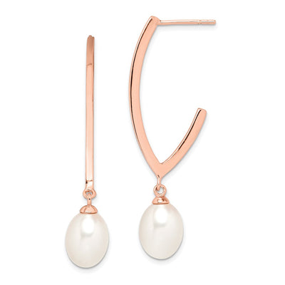 Sterling Silver Rose-tone 18K Flash Gold-plated White Rice Freshwater Cultured Pearl Post Dangle Earrings
