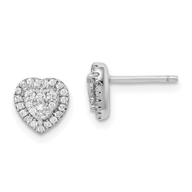 Sterling Silver Rhodium-plated Pave CZ Heart Post Earrings, 7.28 x 7.2mm