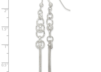 Sterling Silver Polished & D/C Circle & Multi-strand Chain Dangle Earrings
