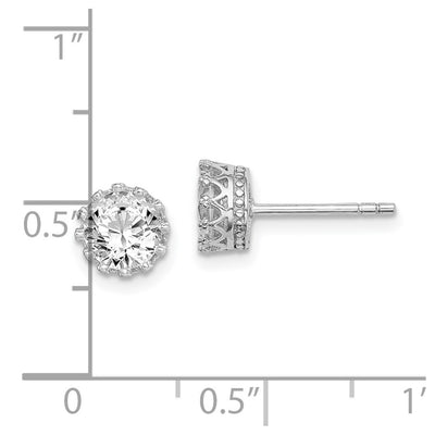 Sterling Silver RH-plated Polished & Textured Round CZ Stud Earrings