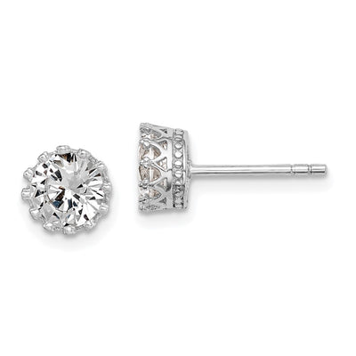 Sterling Silver RH-plated Polished & Textured Round CZ Stud Earrings