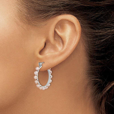 Sterling Silver Rhodium-plated Pink Button Freshwater Cultured Pearl Hoop Earrings