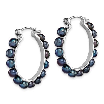 Sterling Silver Rhodium-plated Black Button Freshwater Cultured Pearl Hoop Earrings