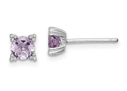Sterling Silver Rhodium-plated Round Amethyst Post Earrings (Style QE15175)