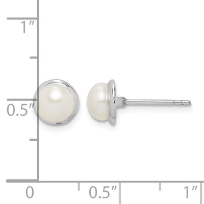 Sterling Silver Rhodium-plated White Button Freshwater Cultured Pearl Post Earrings, 7.45 x 7.45mm