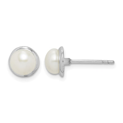 Sterling Silver Rhodium-plated White Button Freshwater Cultured Pearl Post Earrings, 7.45 x 7.45mm